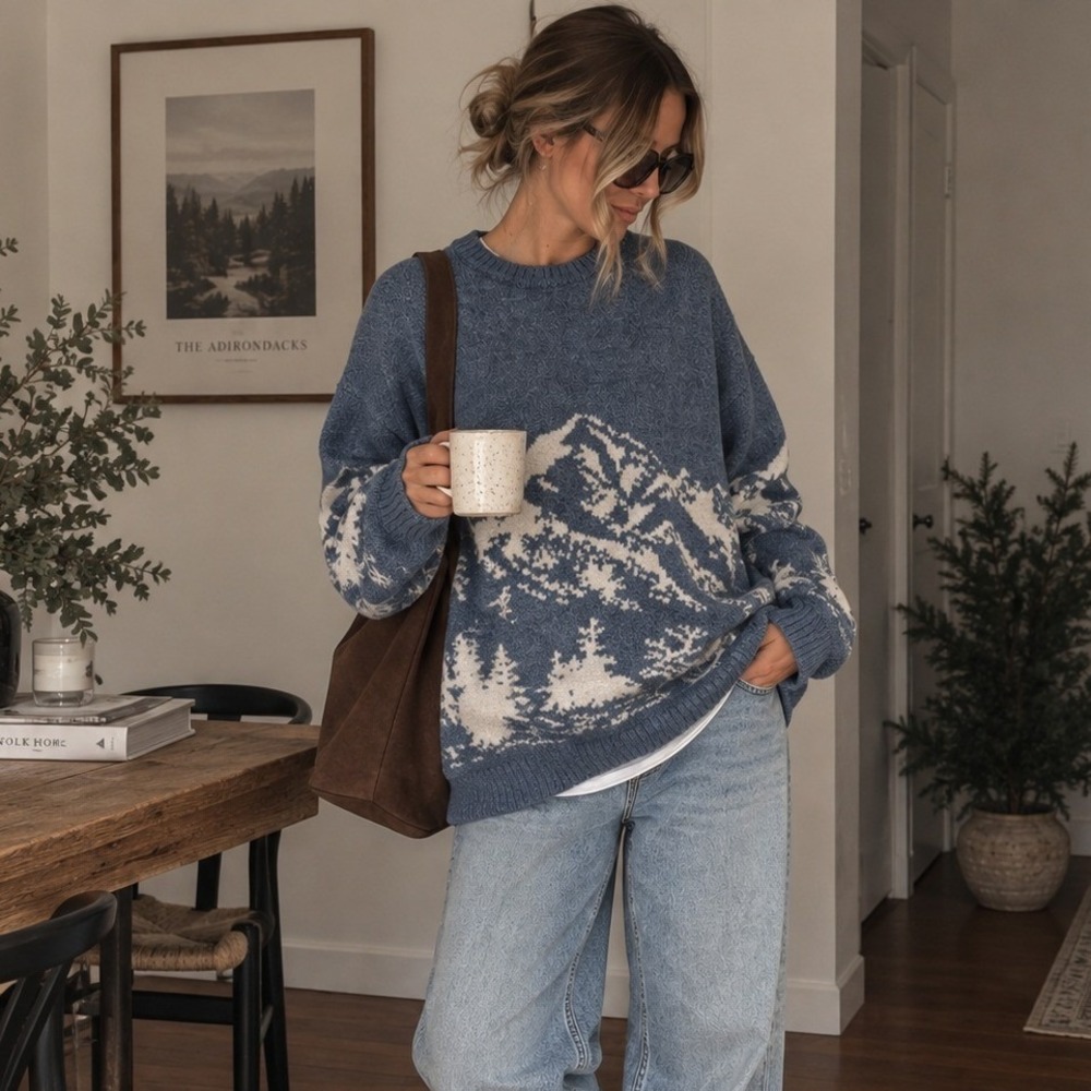 Old Navy SoSoft Mountain Sweater Blue Scenic Knit Oversized XXL